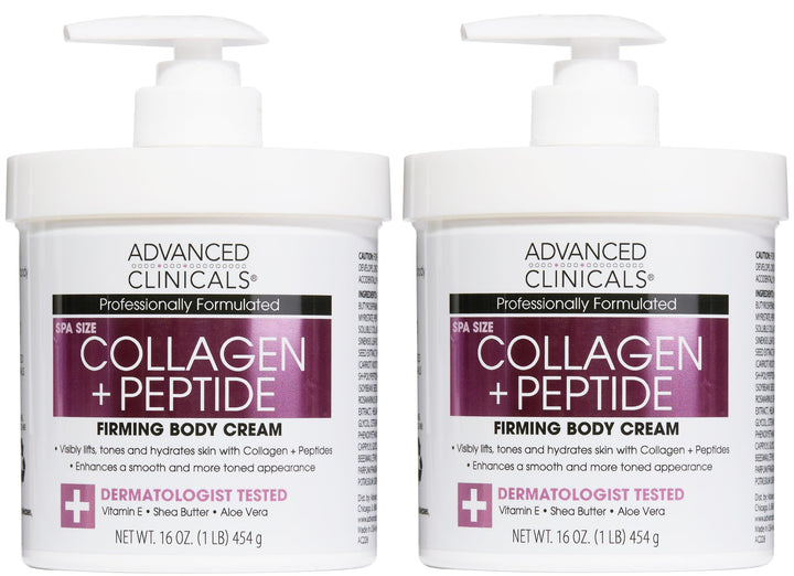 Advanced Clinicals front packaging of collagen peptides lotion showing branding and 2-pack benefit