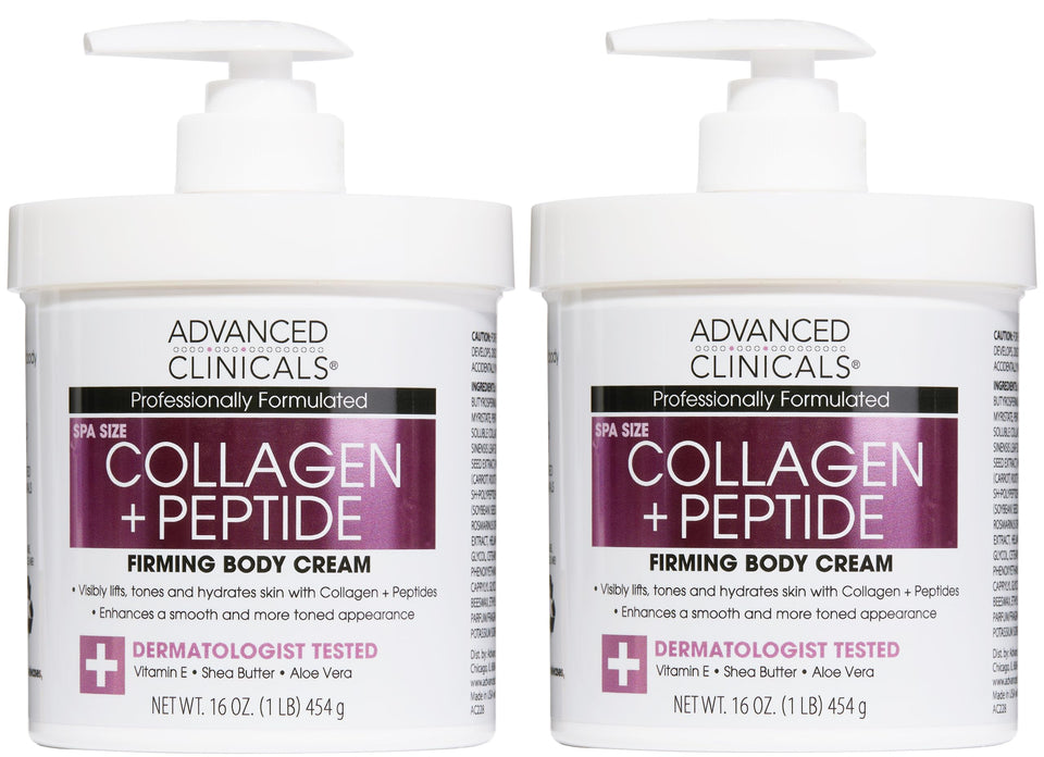 Advanced Clinicals front packaging of collagen peptides lotion showing branding and 2-pack benefit