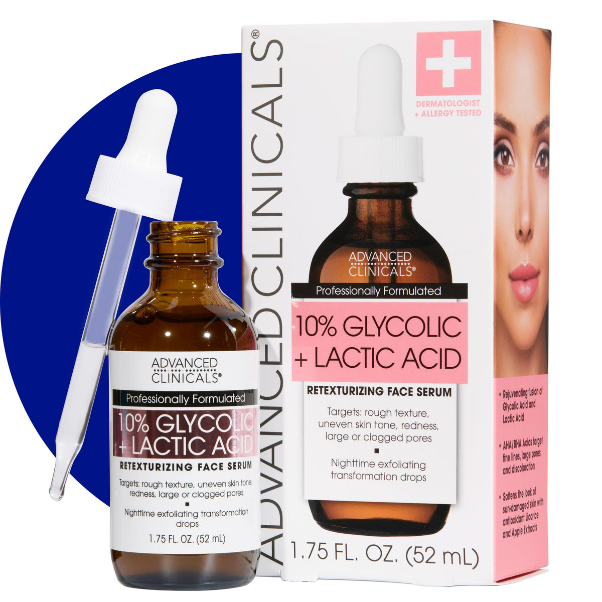 Advanced Clinicals front packaging showing serum bottle and label benefits