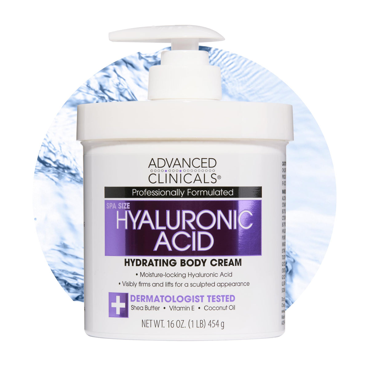 Advanced Clinicals front packaging of hyaluronic body cream shows product and volume