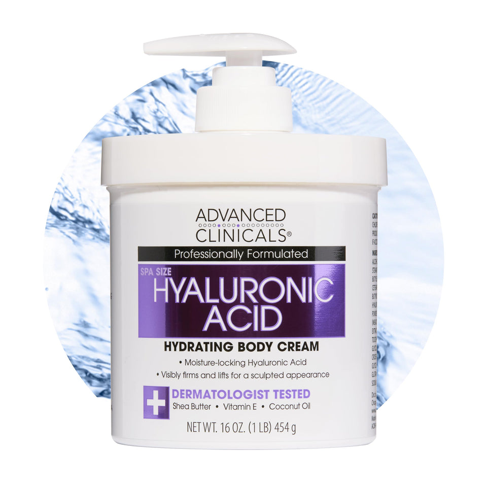 Advanced Clinicals front packaging of hyaluronic body cream shows product and volume