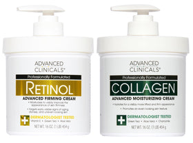 Advanced Clinicals front packaging showing both retinol and collagen products, clear identification and benefits
