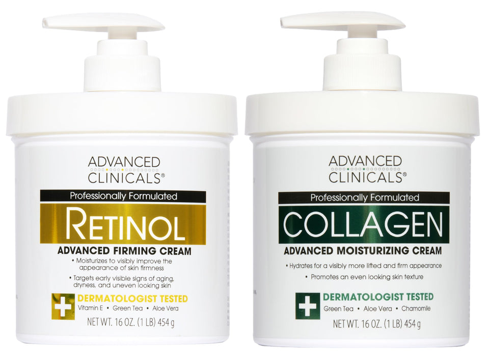 Advanced Clinicals front packaging showing both retinol and collagen products, clear identification and benefits