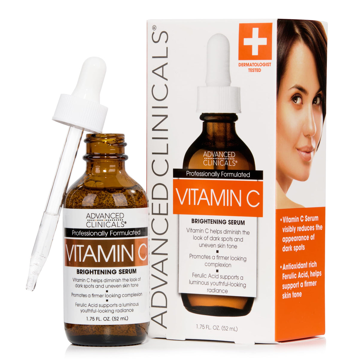 Advanced Clinicals front packaging showing vitamin C serum and branding benefit brightening