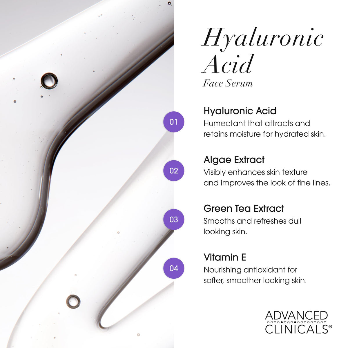 Advanced Clinicals serum on hand demonstrating smooth spread and immediate hydration