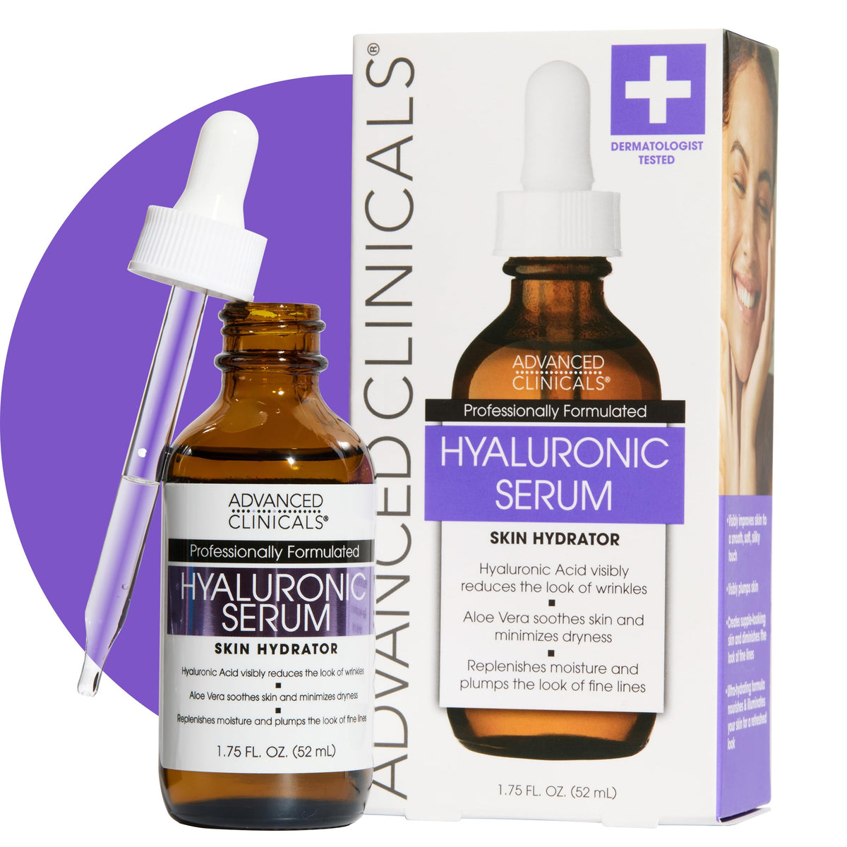 Advanced Clinicals front bottle showing serum packaging and clear labeling benefit hydration