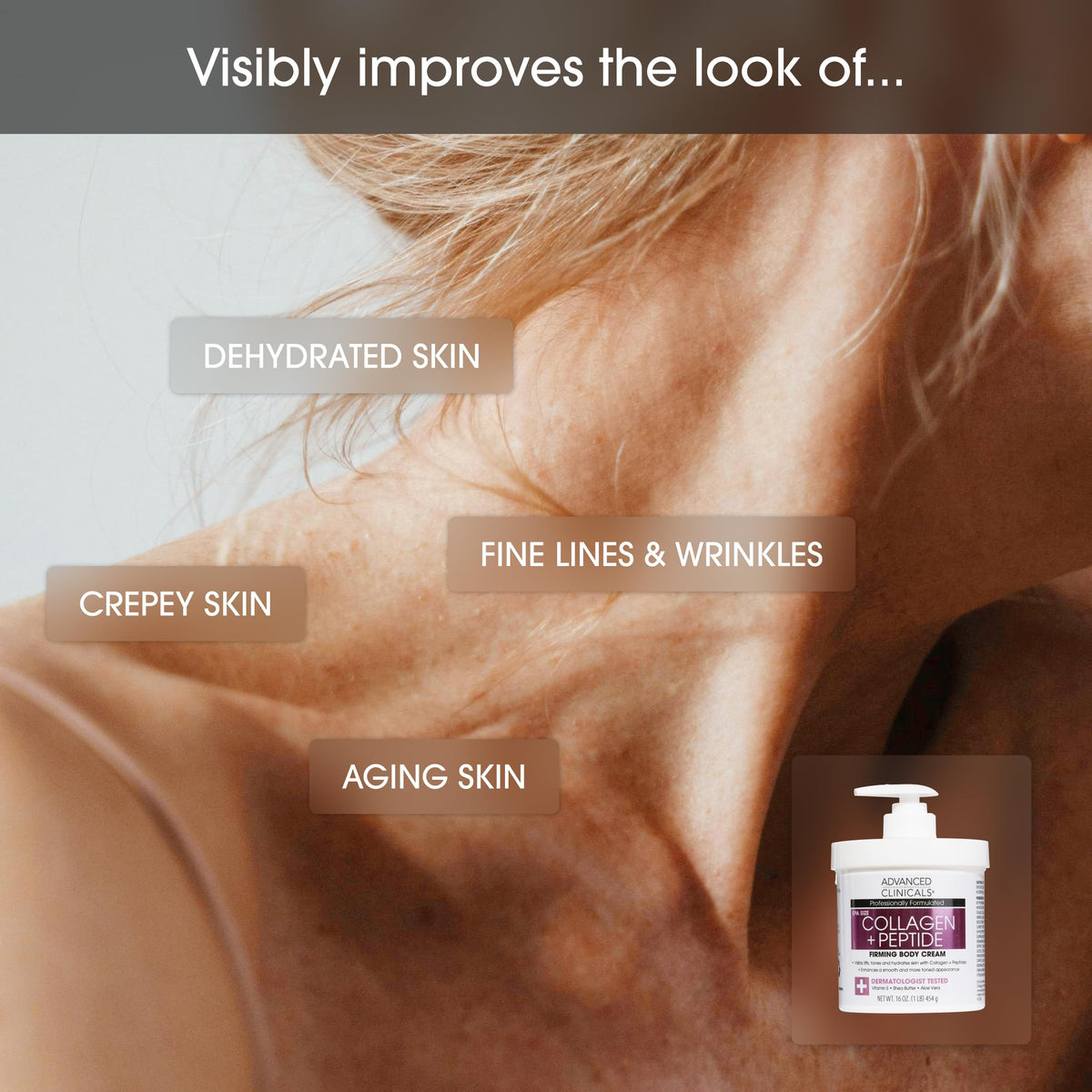 Advanced Clinicals ingredient display with collagen peptides and hyaluronic acid benefit