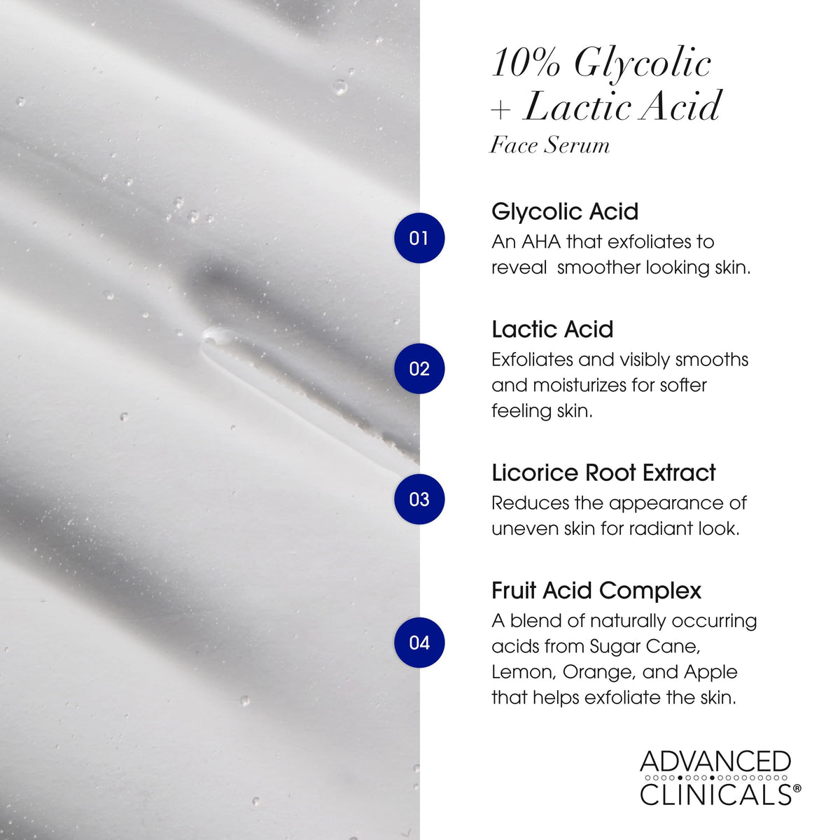Advanced Clinicals ingredient label highlighting licorice and fruit acids benefits