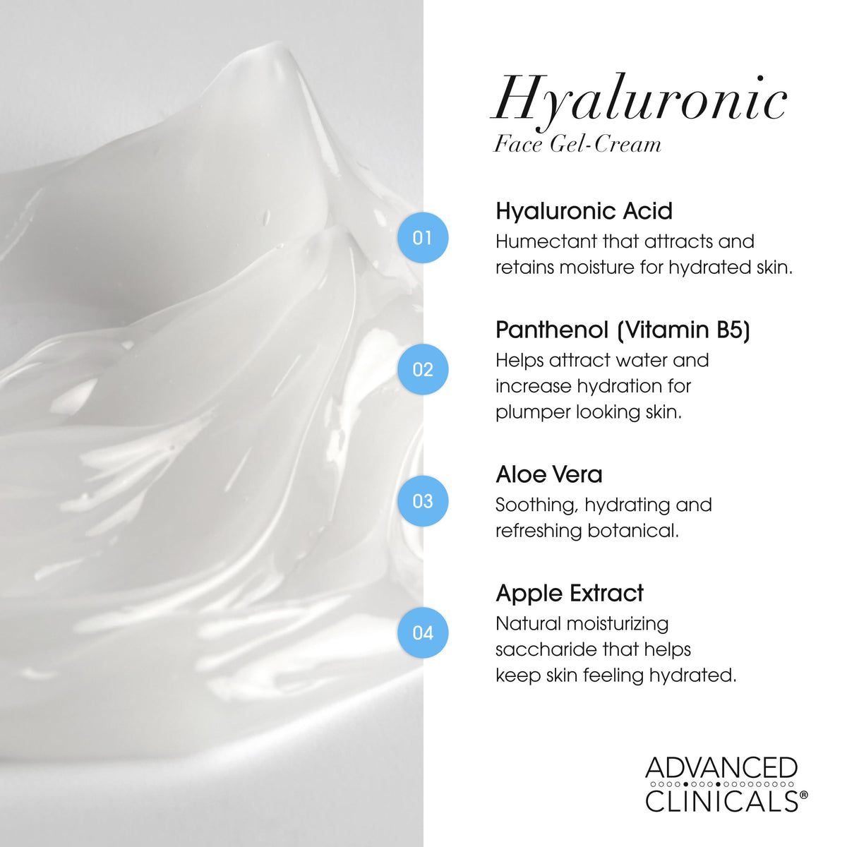 Advanced Clinicals ingredient label showing hyaluronic acid, vitamin B5, vitamin E benefits