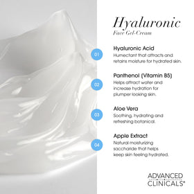 Advanced Clinicals ingredient label showing hyaluronic acid, vitamin B5, vitamin E benefits