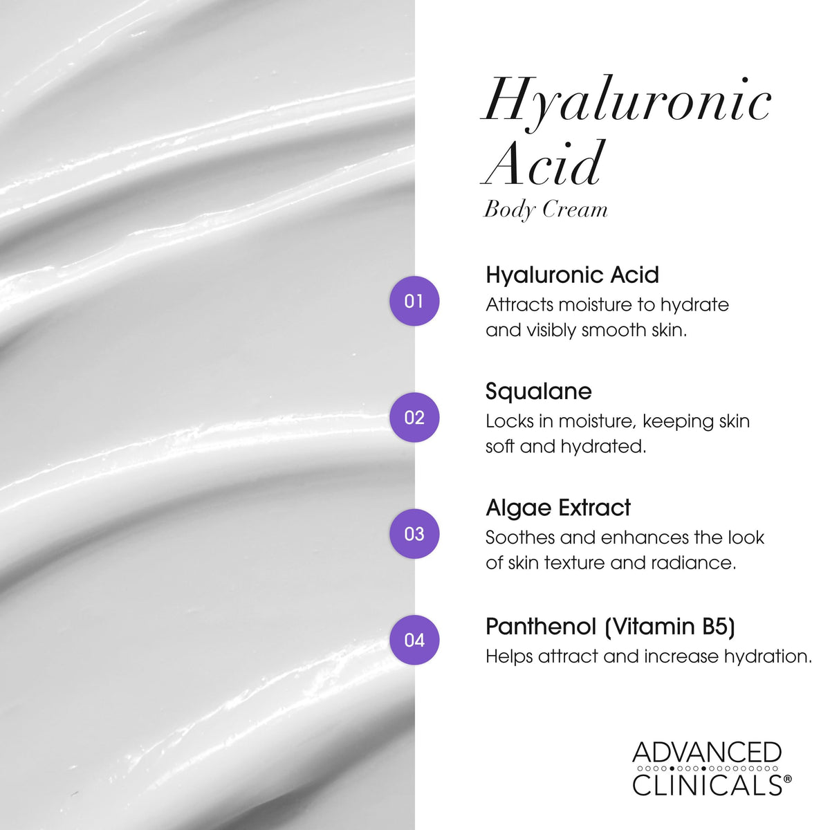 Advanced Clinicals visual of hyaluronic acid and squalane ingredients highlighting hydration