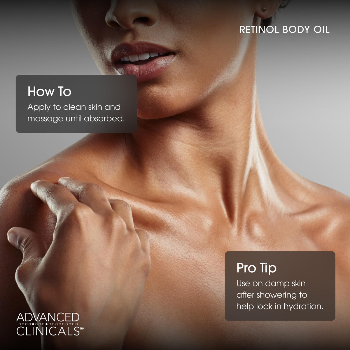 Advanced Clinicals ingredient label showing retinol, algae, and vitamin E benefits