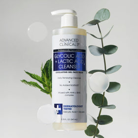 Advanced Clinicals product label ingredients close-up highlighting glycolic, lactic and salicylic acids