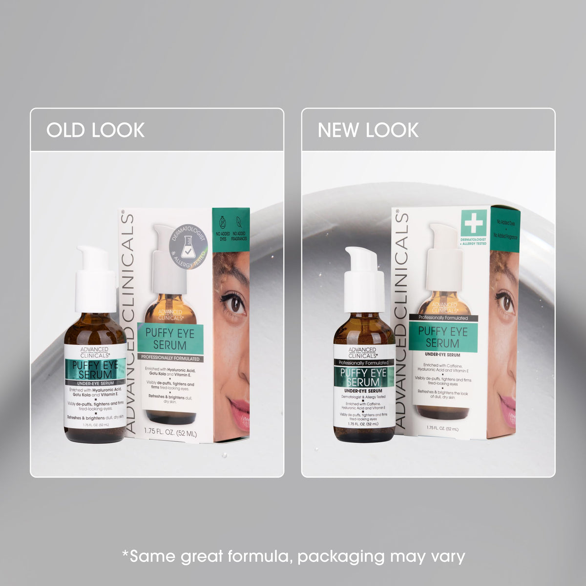 Advanced Clinicals serum on bathroom vanity with mirror showing daily routine compatibility benefit