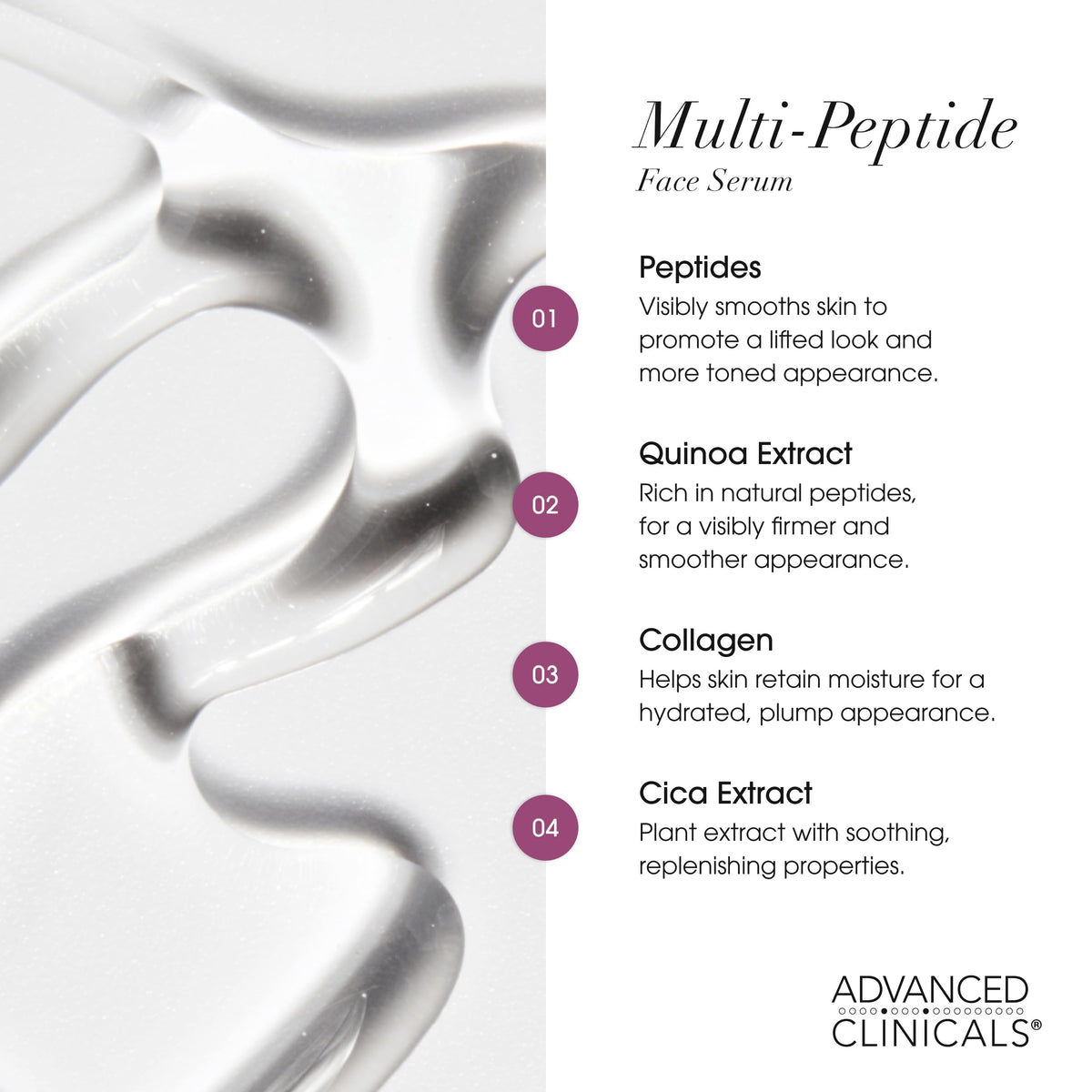 Advanced Clinicals quinoa and cica extracts highlighting skin-supporting ingredients