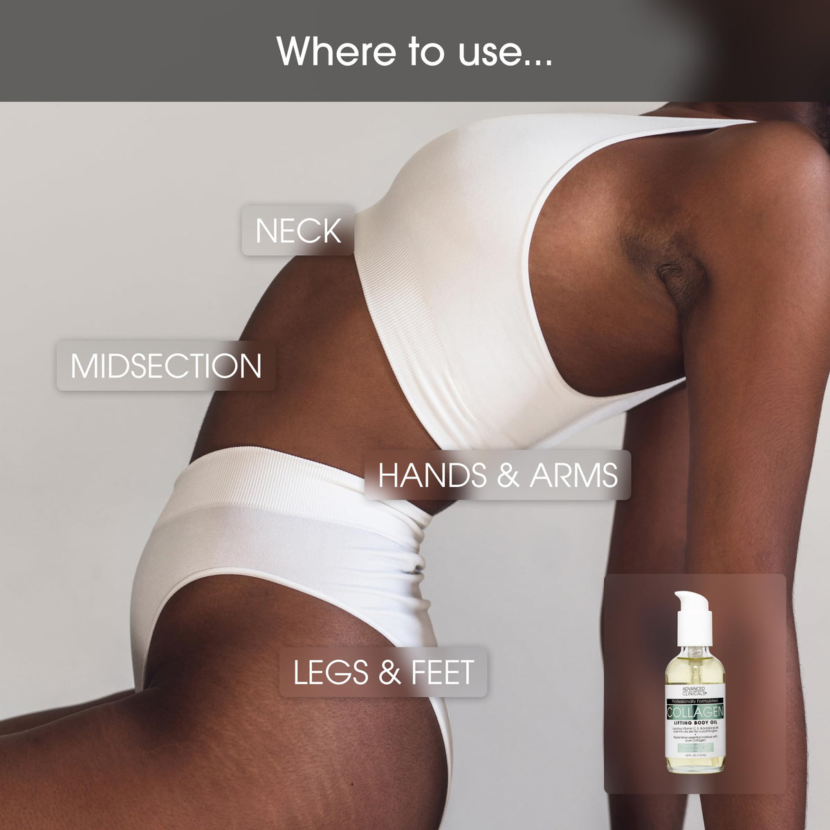 Advanced Clinicals on leg after shower illustrating dewy finish and smoother-looking skin benefit