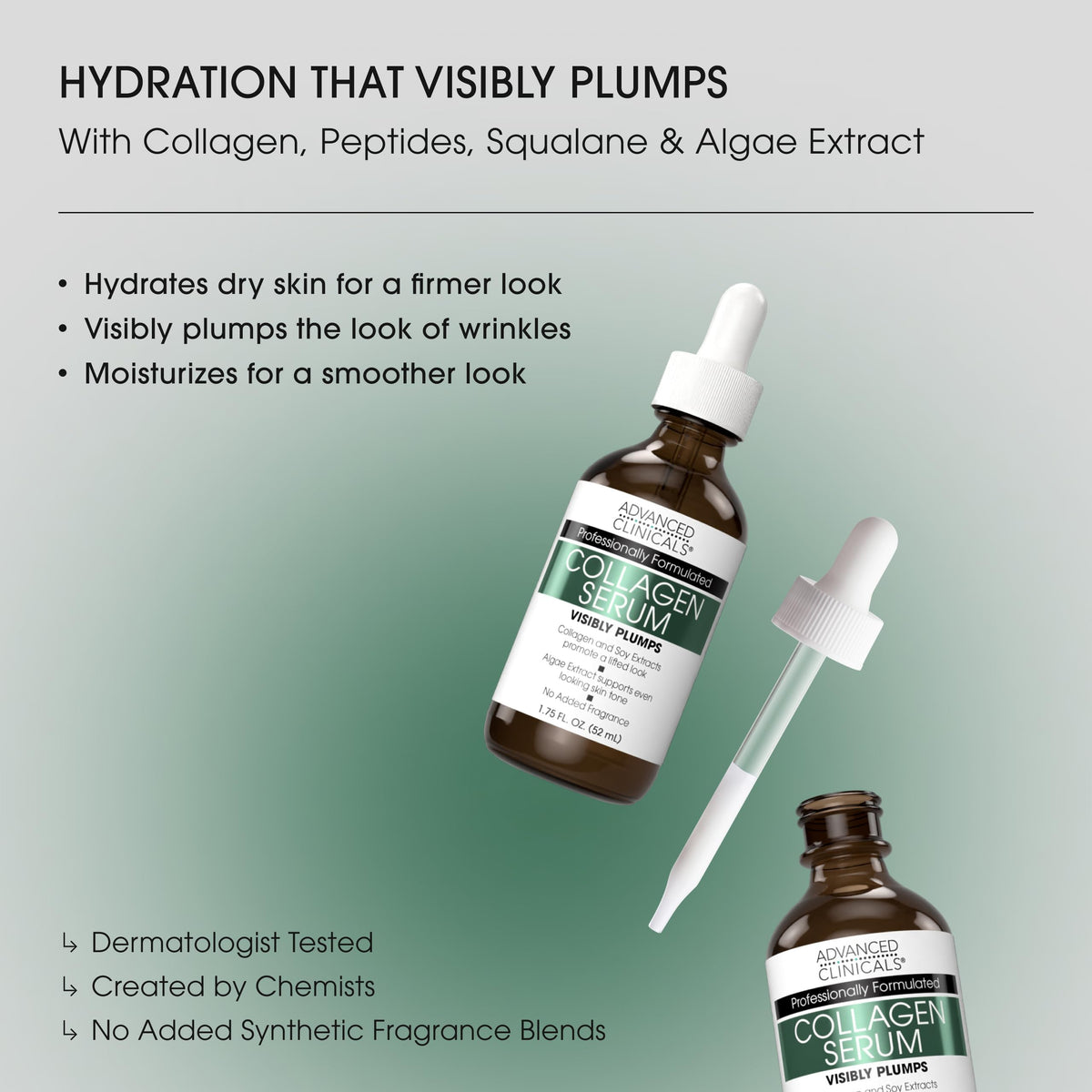 Advanced Clinicals milky serum on dropper illustrating lightweight texture