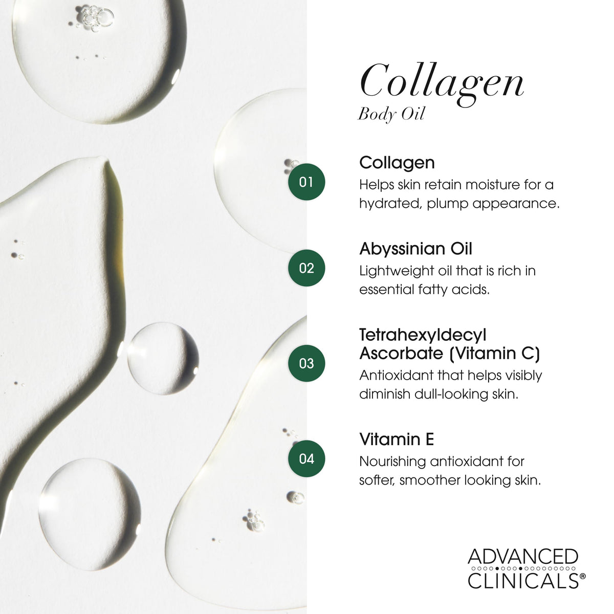 Advanced Clinicals oil pour texture on hand showing lightweight glide and fast absorption benefit