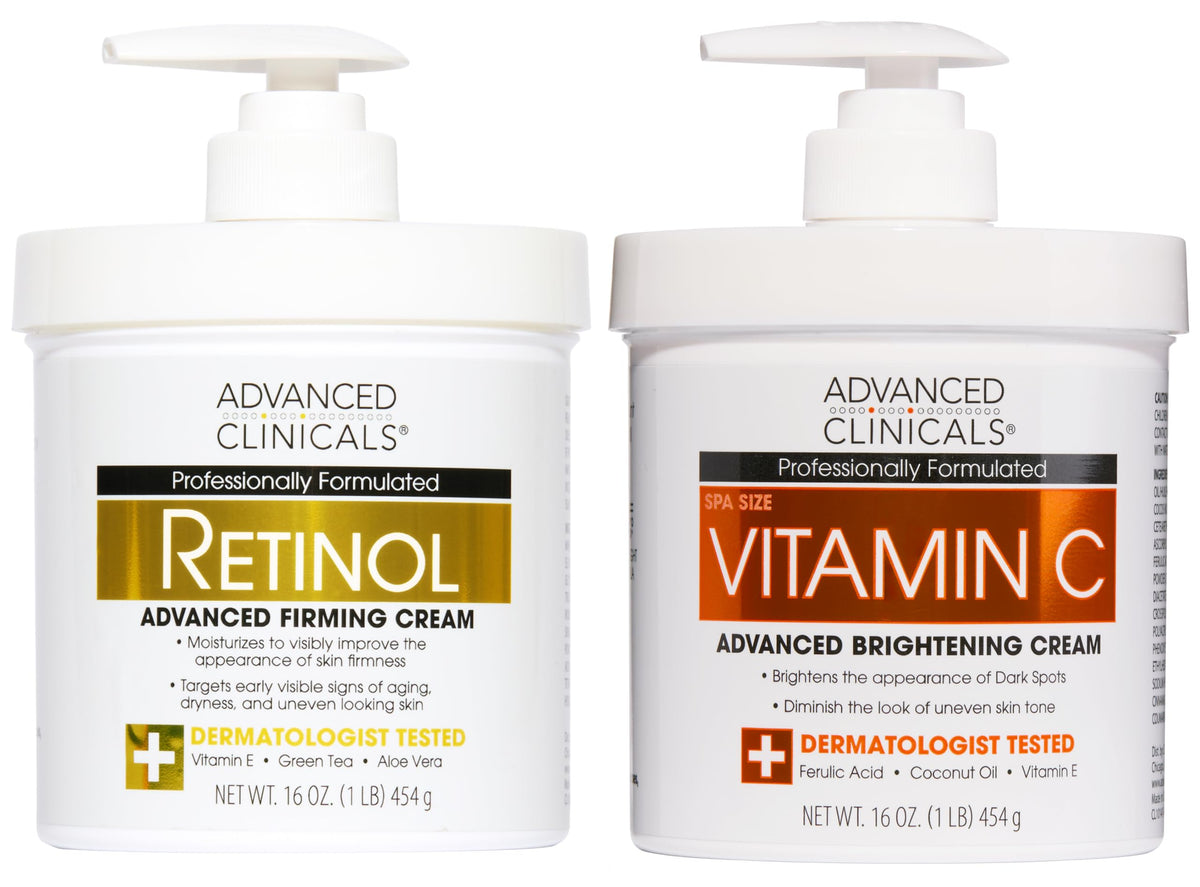 Advanced Clinicals front packaging of retinol and vitamin C set showing product duo benefits