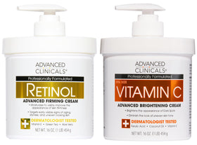 Advanced Clinicals front packaging of retinol and vitamin C set showing product duo benefits
