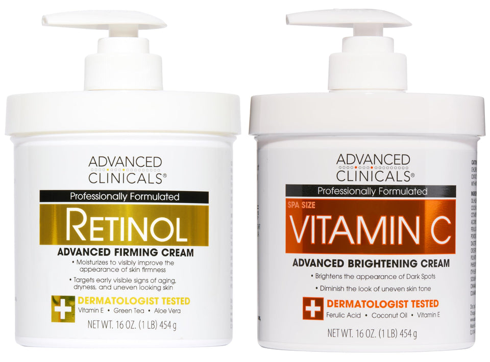 Advanced Clinicals front packaging of retinol and vitamin C set showing product duo benefits