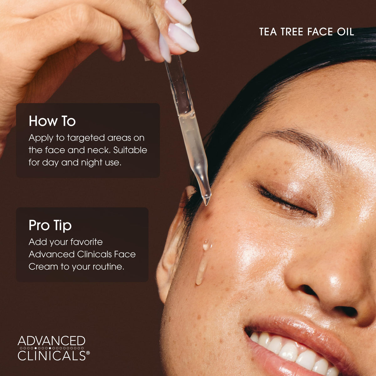 Advanced Clinicals oil applied to hand demonstrating lightweight, non-greasy finish