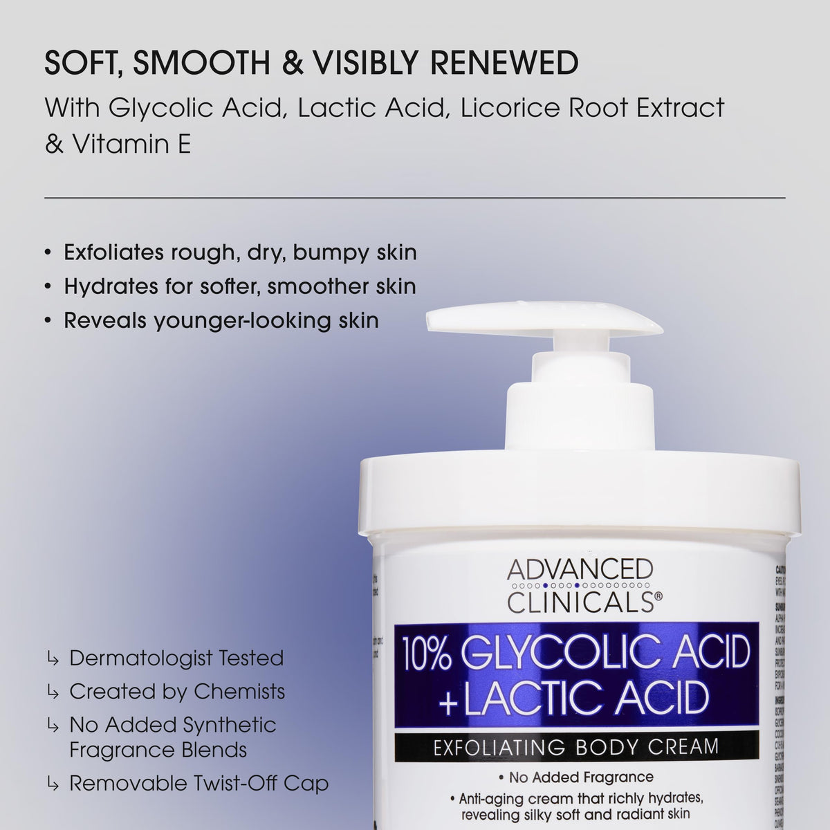 Advanced Clinicals cream texture close-up demonstrating smooth, fast-absorbing finish
