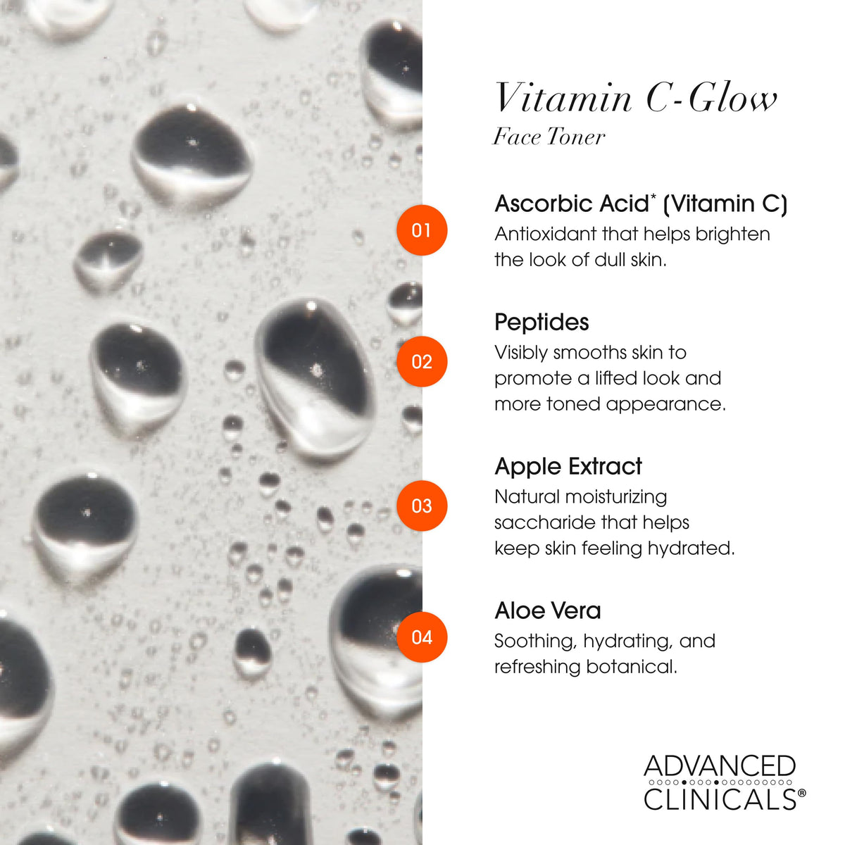 Advanced Clinicals texture droplet on skin illustrating quick absorption benefit
