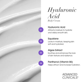 Advanced Clinicals label close-up listing hyaluronic acid, squalane, algae extract benefit information