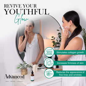 Advanced Skin Care applying serum to cheek showing hydration and brightening benefit