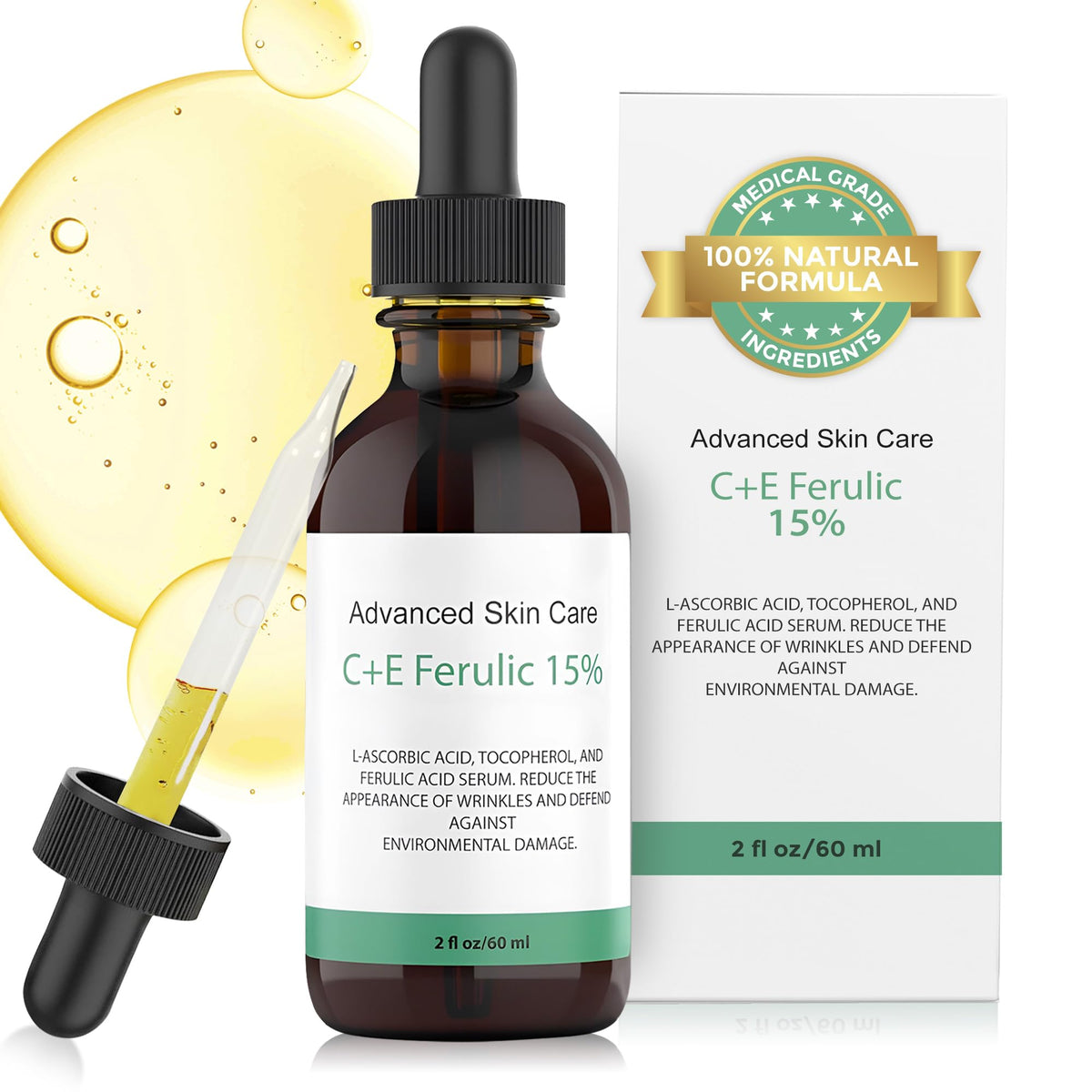 Advanced Skin Care front bottle view showing serum packaging and clinical look benefit