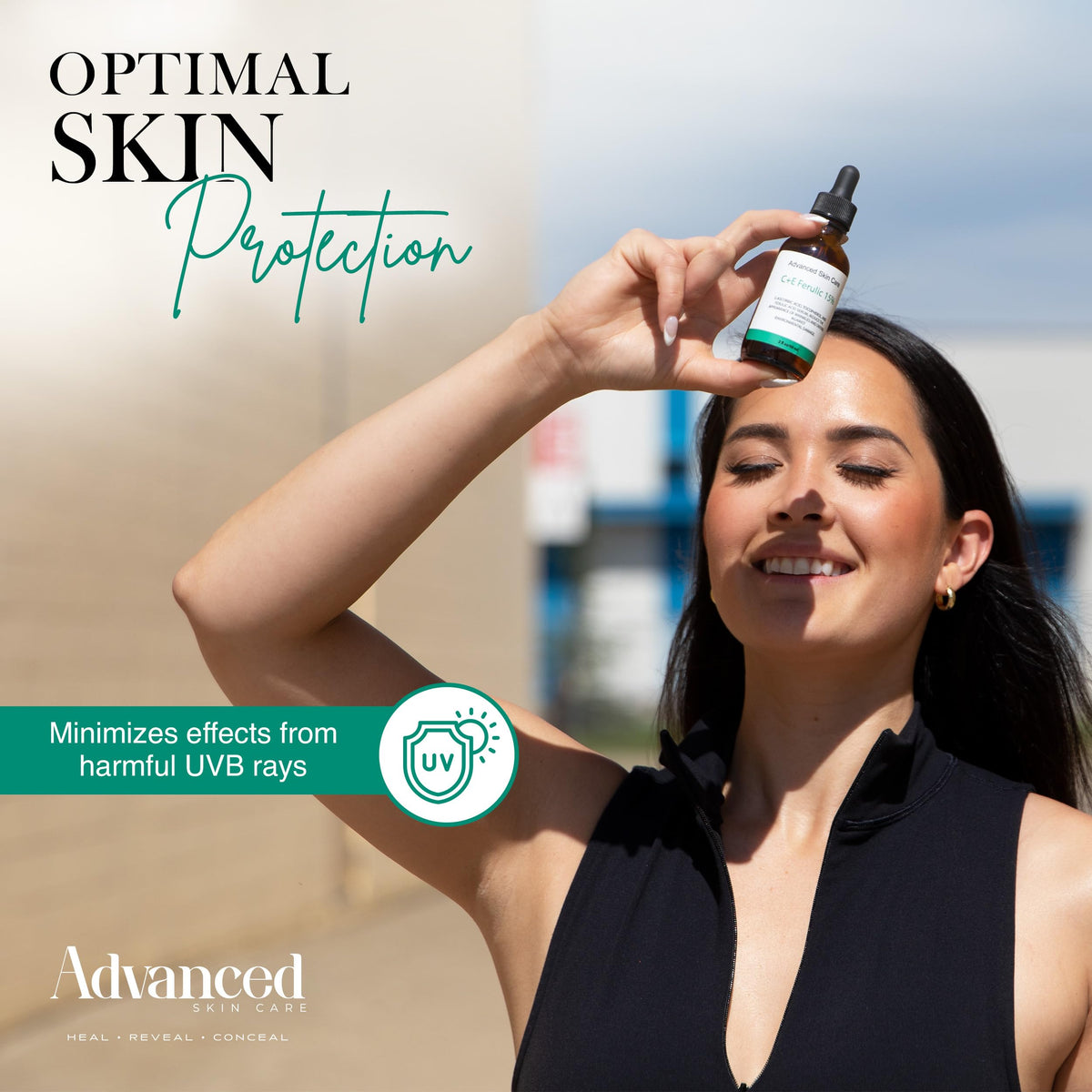 Advanced Skin Care bottle in hand for size scale and easy application benefit