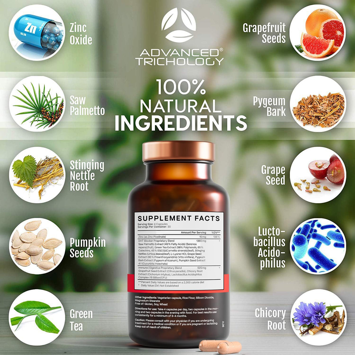 Advanced Trichology selection of natural ingredients illustrating botanical support