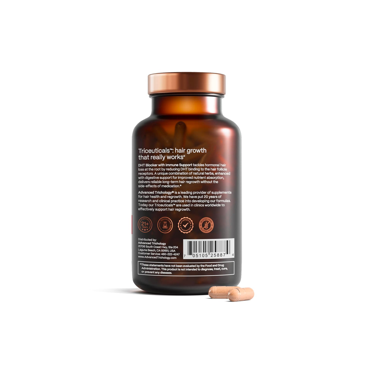 Advanced Trichology supplement label close-up showing ingredient transparency
