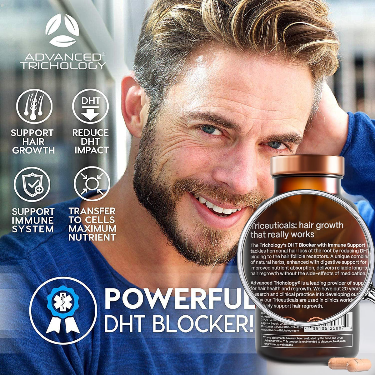 Advanced Trichology bottle next to hand showing size and daily dose convenience