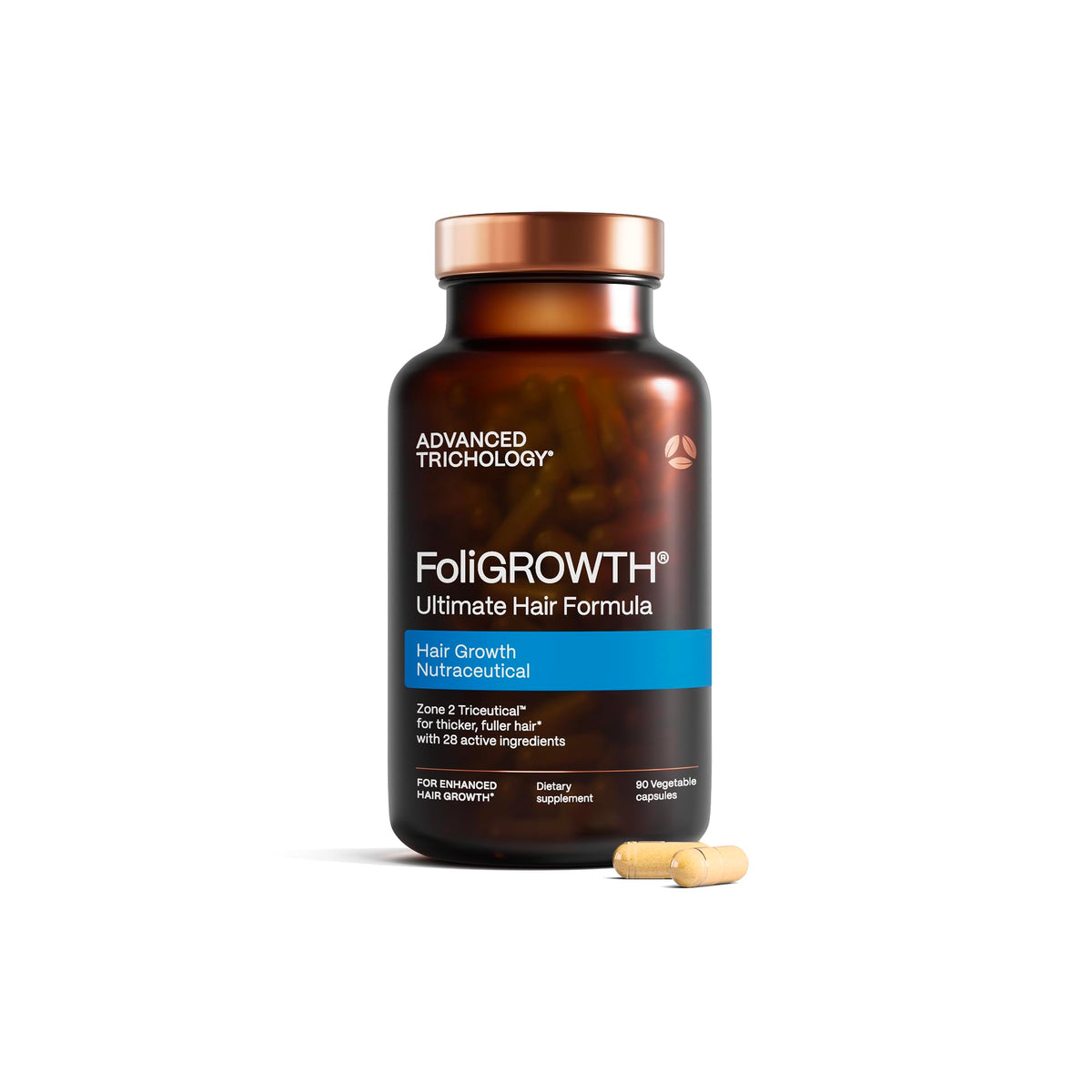Advanced Trichology bottle front label showing product benefits