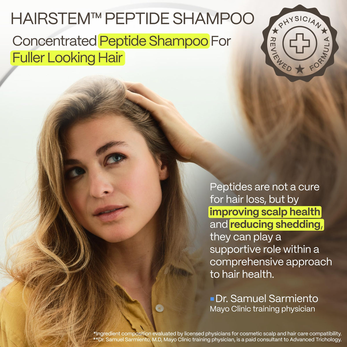 Advanced Trichology back label close-up detailing peptides and botanical ingredient list