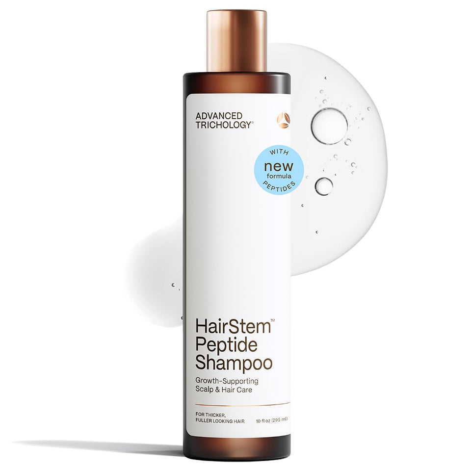 Advanced Trichology front bottle shot showing clean peptide shampoo packaging and benefits