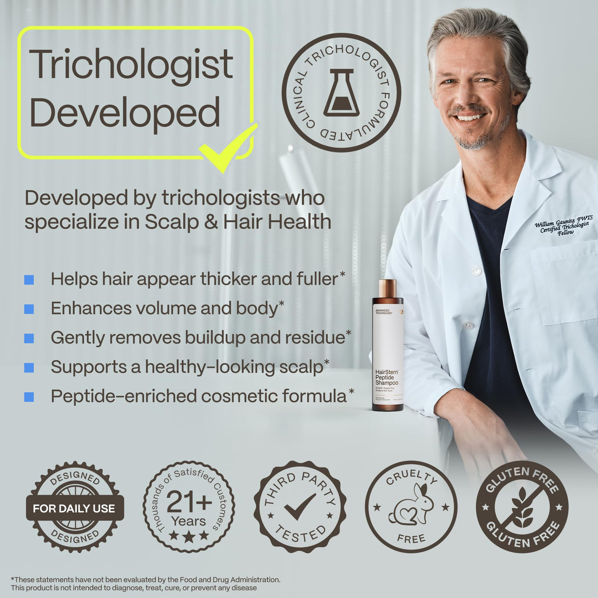 Advanced Trichology shampoo texture on palm highlighting gentle, moisturizing lather