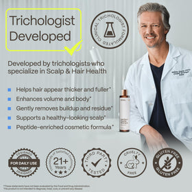 Advanced Trichology shampoo texture on palm highlighting gentle, moisturizing lather