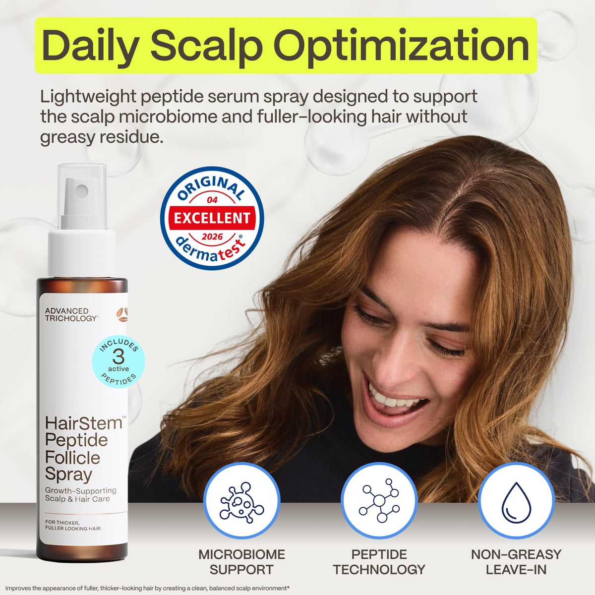 Advanced Trichology spray nozzle dispensing mist for even scalp coverage and lift