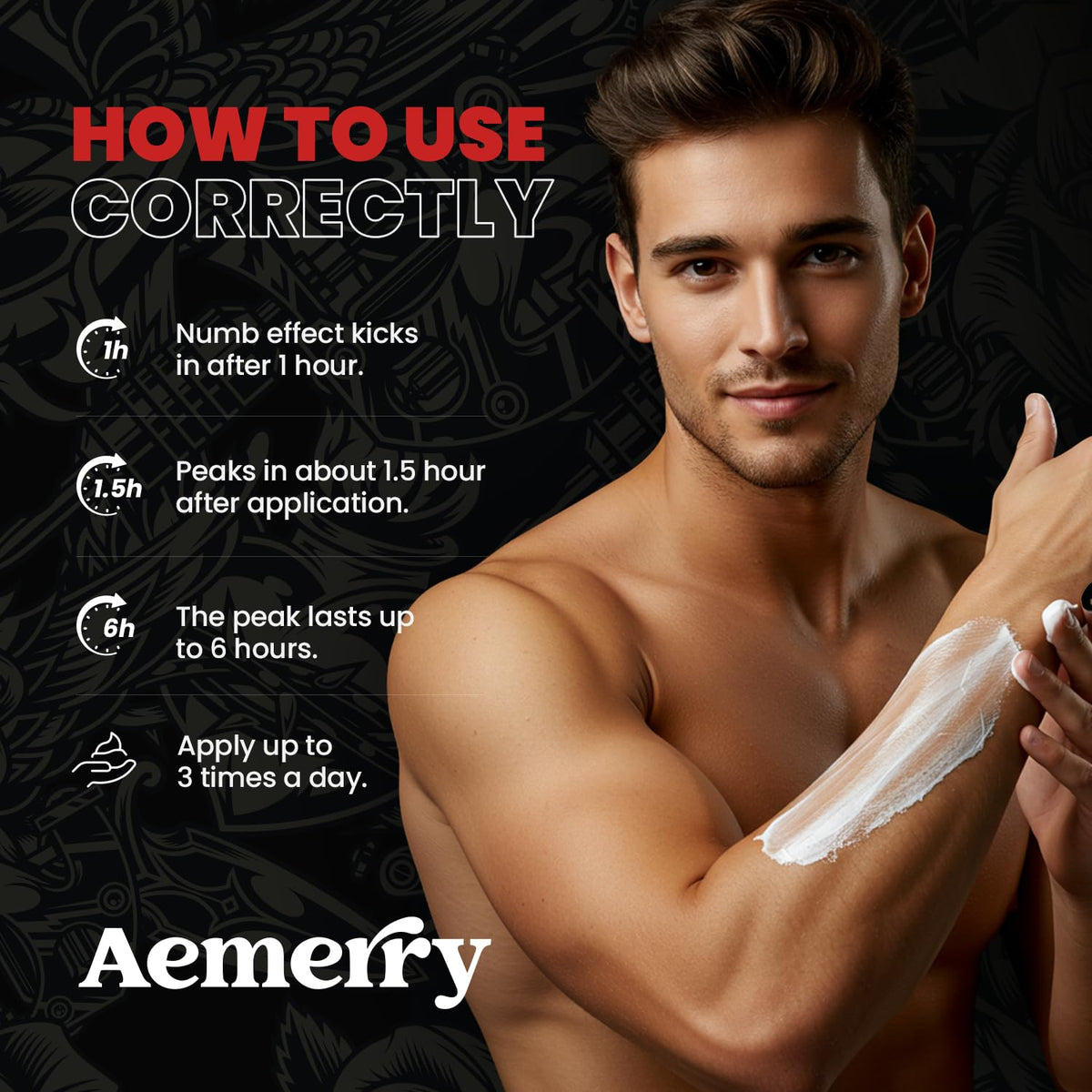 Aemerry ingredients label close-up, brand highlights arnica and emu oil benefits