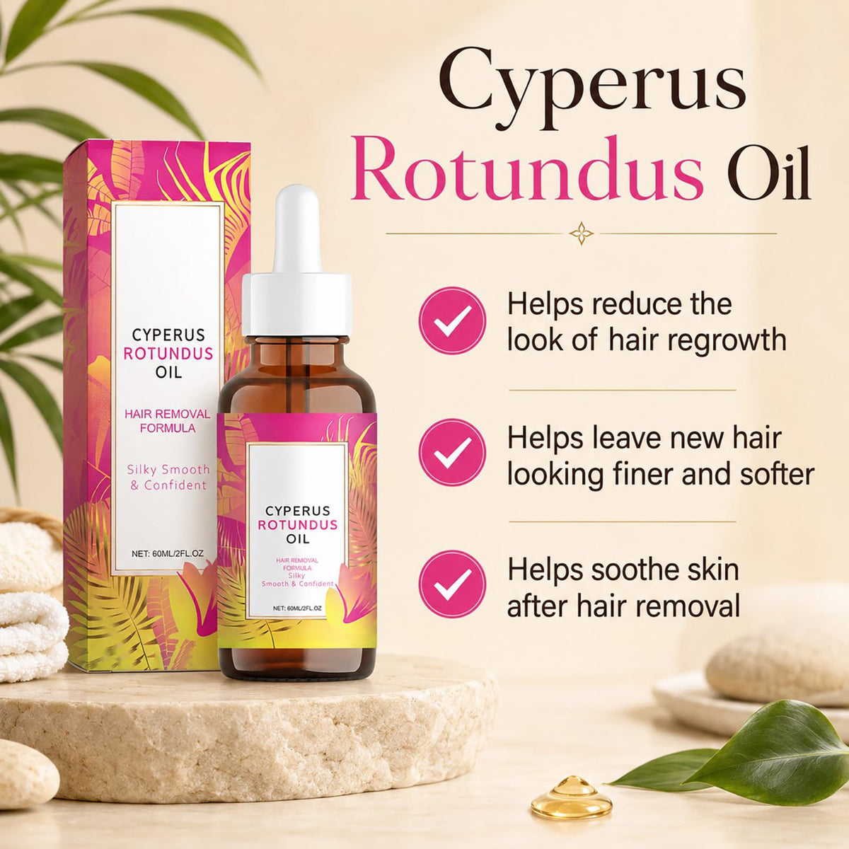 Aerifia label close-up highlighting Cyperus rotundus ingredient benefits