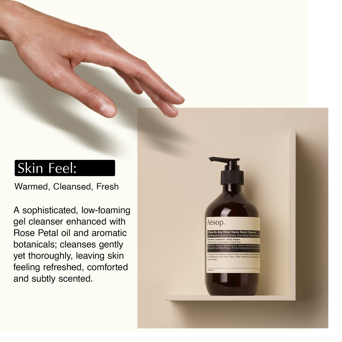 Aesop bottle held in hand to show 500 mL scale and practical sizing benefit