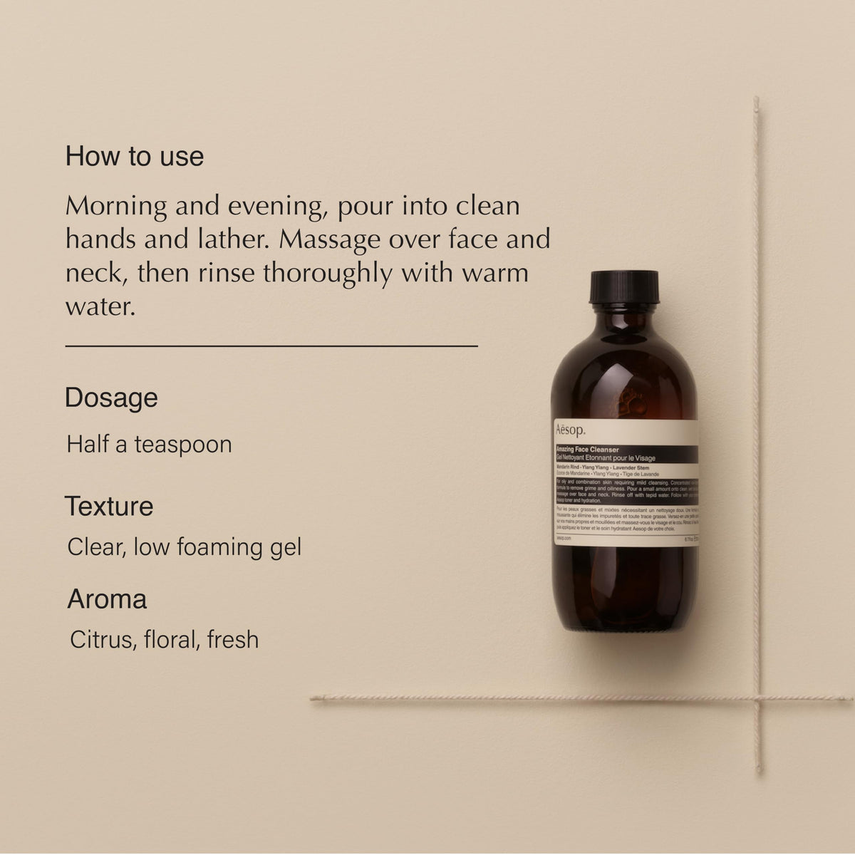 Aesop cleanser gel texture close-up highlighting concentrated low-foaming formula