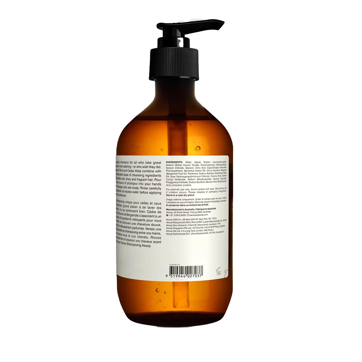 Aesop shampoo on bathroom shelf conveying lifestyle elegance and daily use benefit
