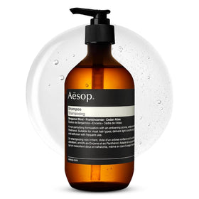 Aesop bottle front view showing minimalist packaging and clear product benefit