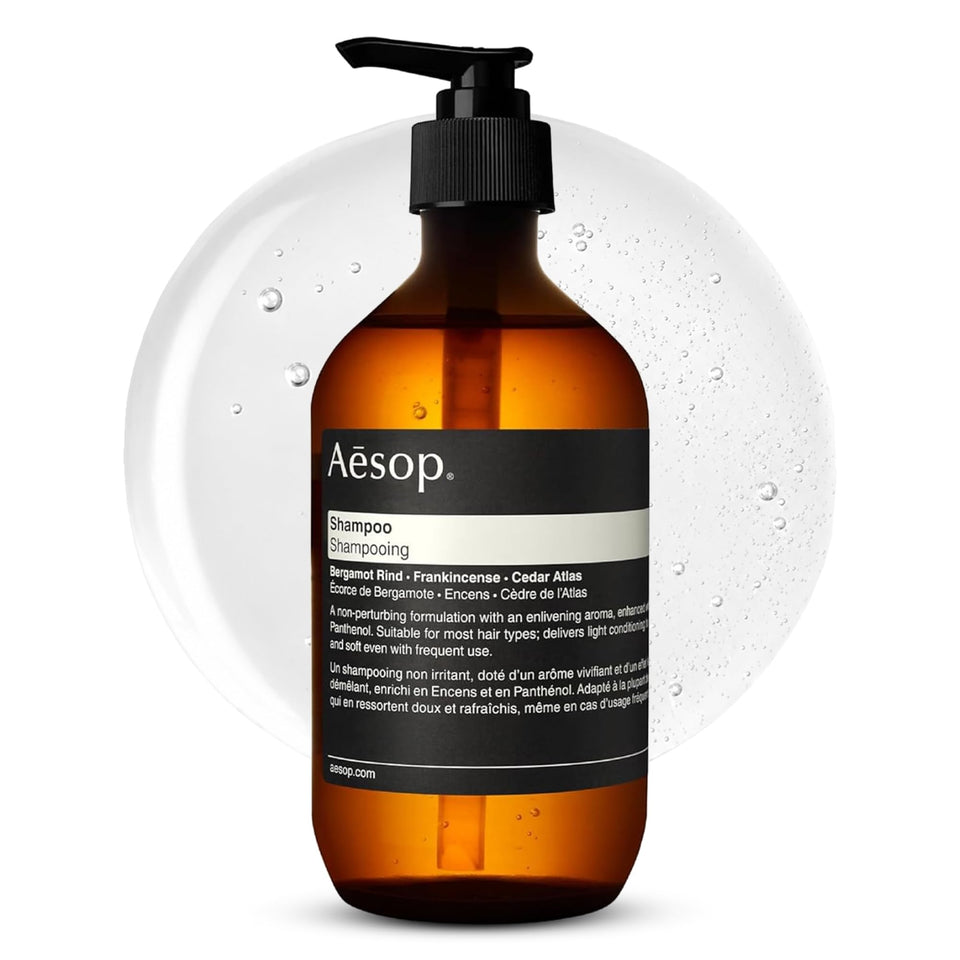Aesop bottle front view showing minimalist packaging and clear product benefit
