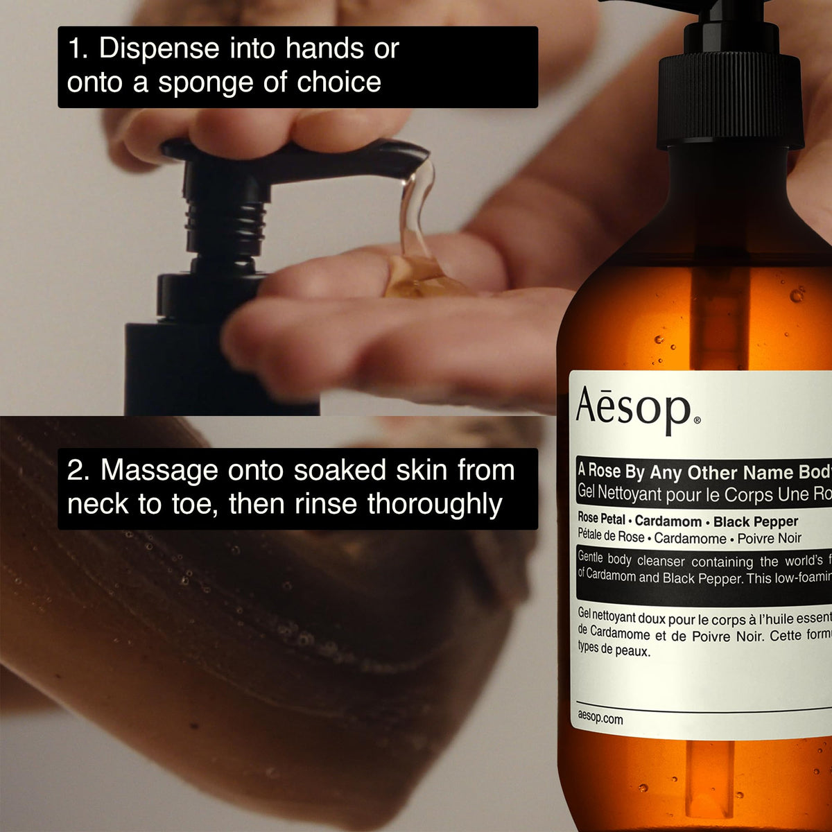 Aesop bottle beside rose flowers for scent visualization and aesthetic benefit