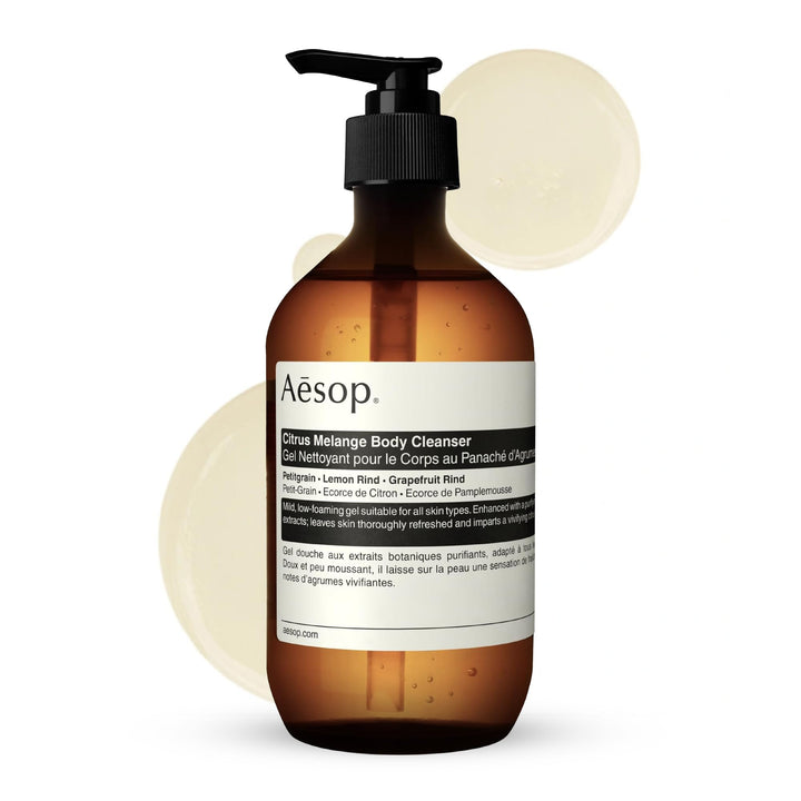 Aesop bottle front packaging showing clean design and citrus scent benefits